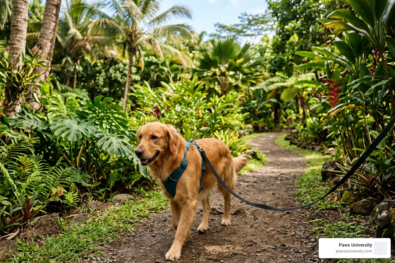 A dog walking politely on a loose leash along a tropical path in Hawaii County A dog walking politely on a loose leash along a tropical path in Hawaii County