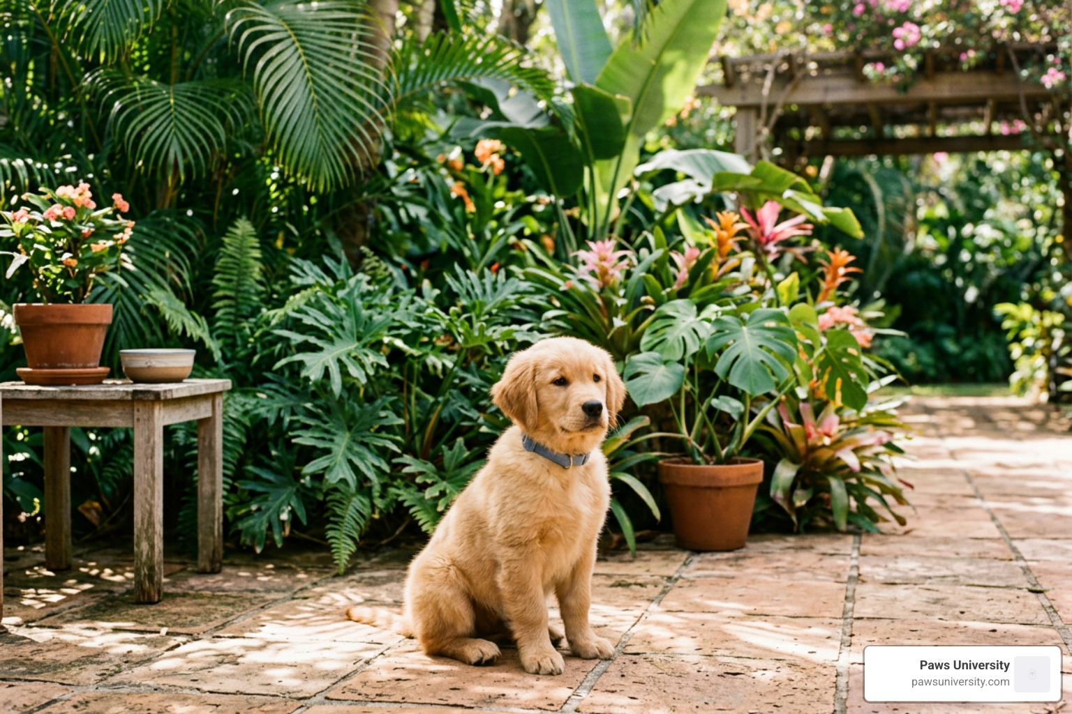 A puppy sitting calmly on a sunny outdoor patio surrounded by tropical plants A puppy sitting calmly on a sunny outdoor patio surrounded by tropical plants