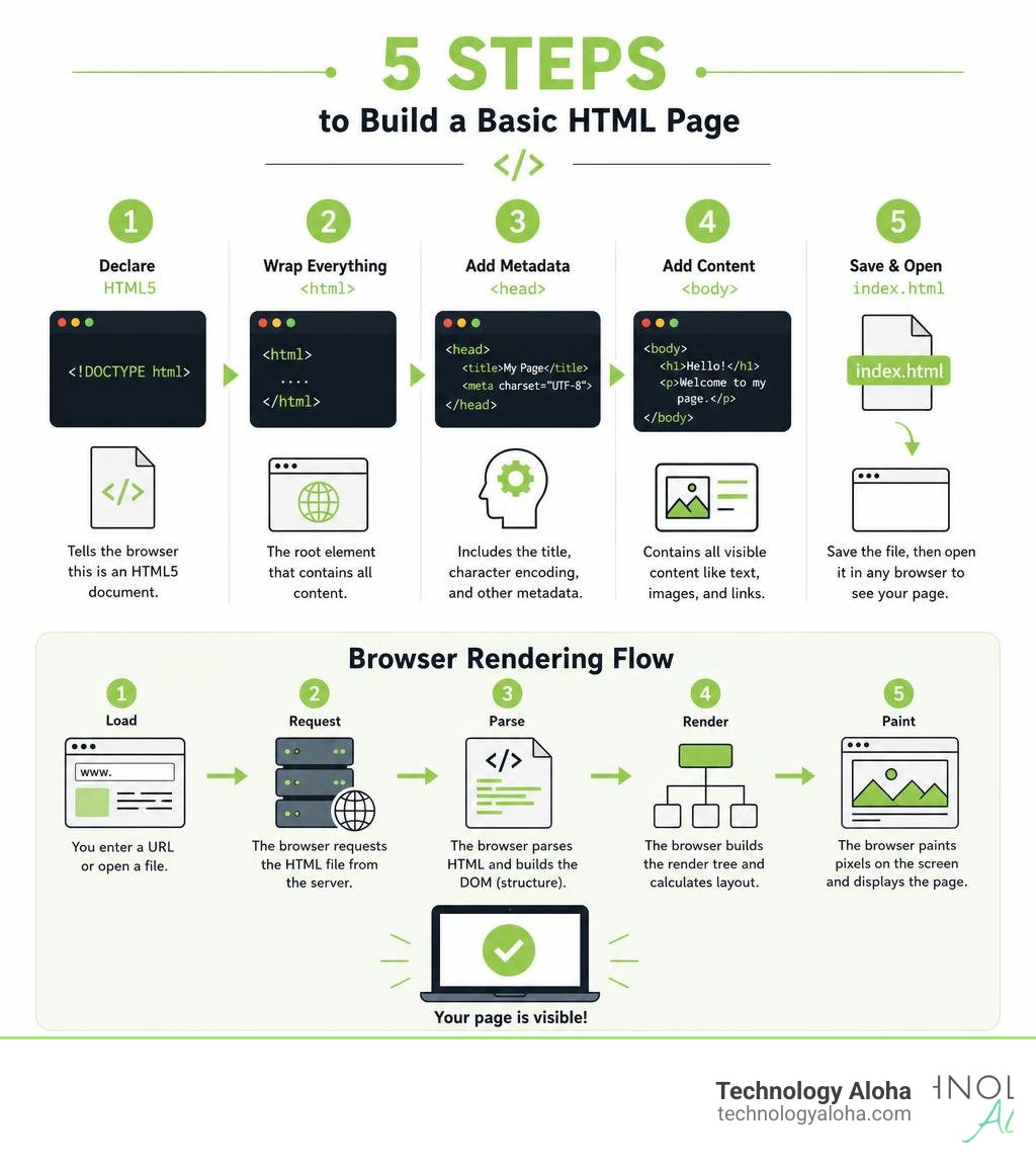 Infographic showing 5 steps to build a basic HTML page with browser rendering flow infographic Infographic showing 5 steps to build a basic HTML page with browser rendering flow infographic