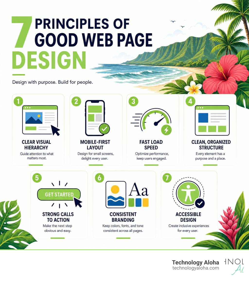 Infographic: 7 principles of good web page design with icons and brand colors on Hawaiian background infographic Infographic: 7 principles of good web page design with icons and brand colors on Hawaiian background infographic