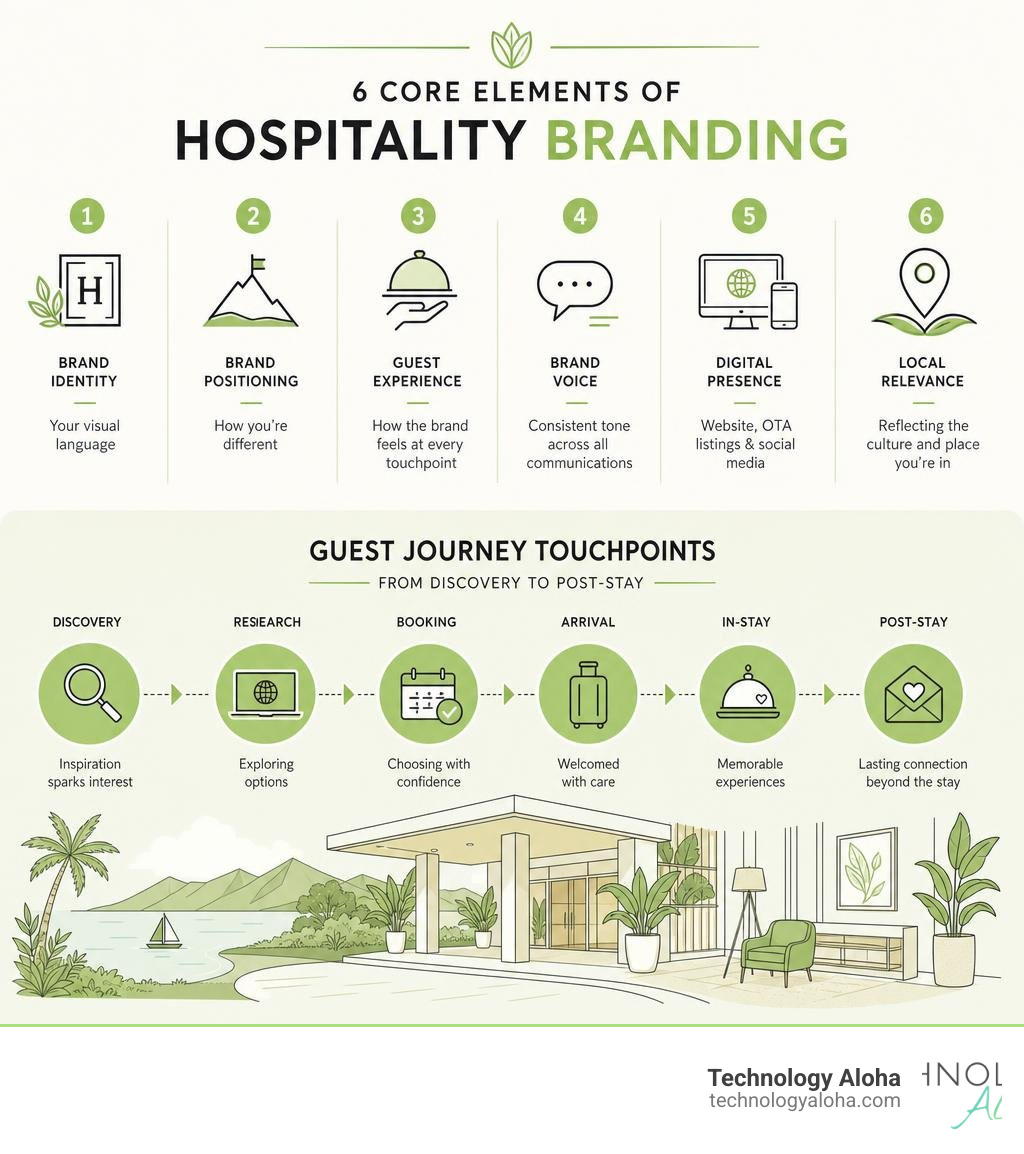 Infographic showing 6 core elements of hospitality branding and guest journey touchpoints from discovery to post-stay Infographic showing 6 core elements of hospitality branding and guest journey touchpoints from discovery to post-stay