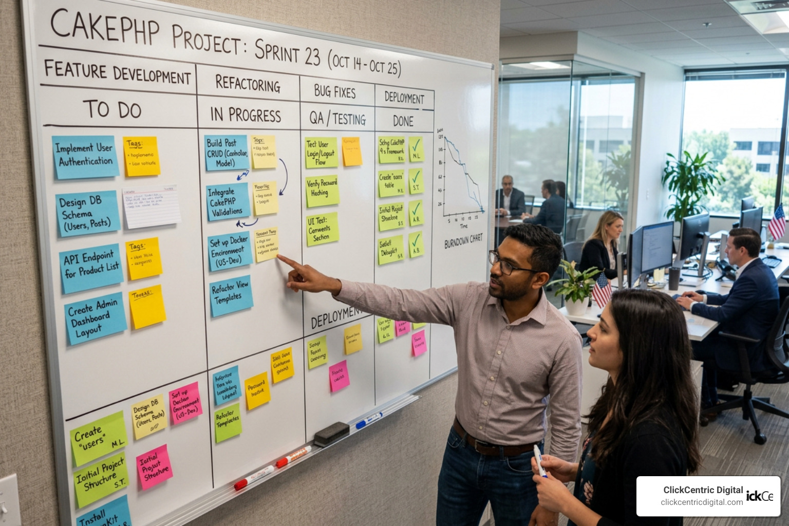Agile development sprint board showing CakePHP project progress
