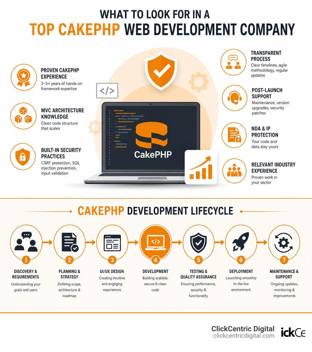 Infographic showing key traits of a top CakePHP web development company and development lifecycle steps infographic