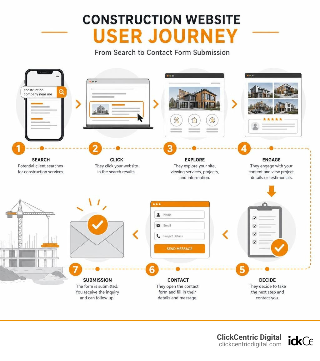 Construction website user journey infographic showing steps from search to contact form submission infographic
