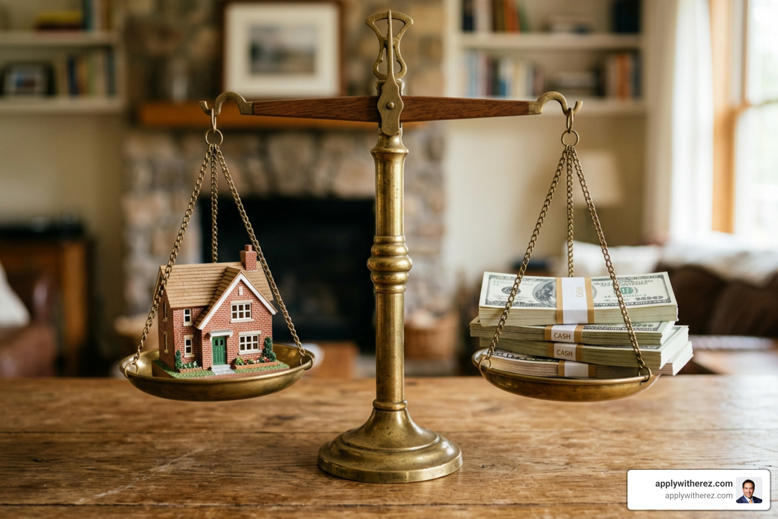 A scale balancing a miniature house and stacks of cash