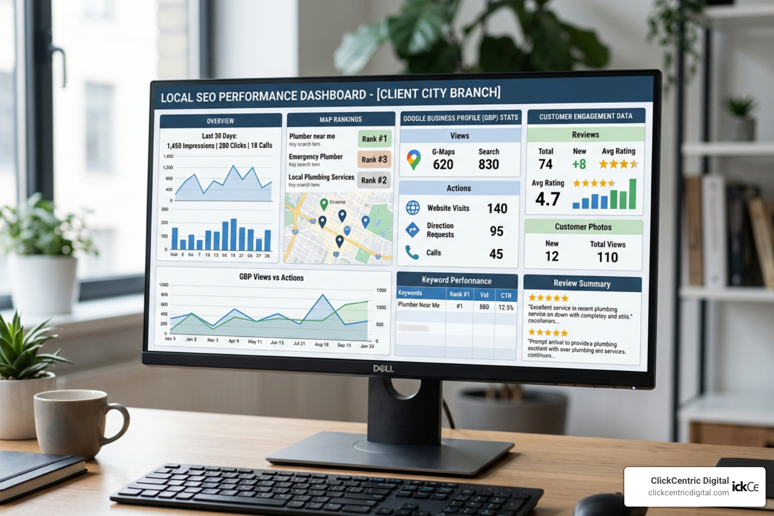 digital marketing dashboard showing local metrics