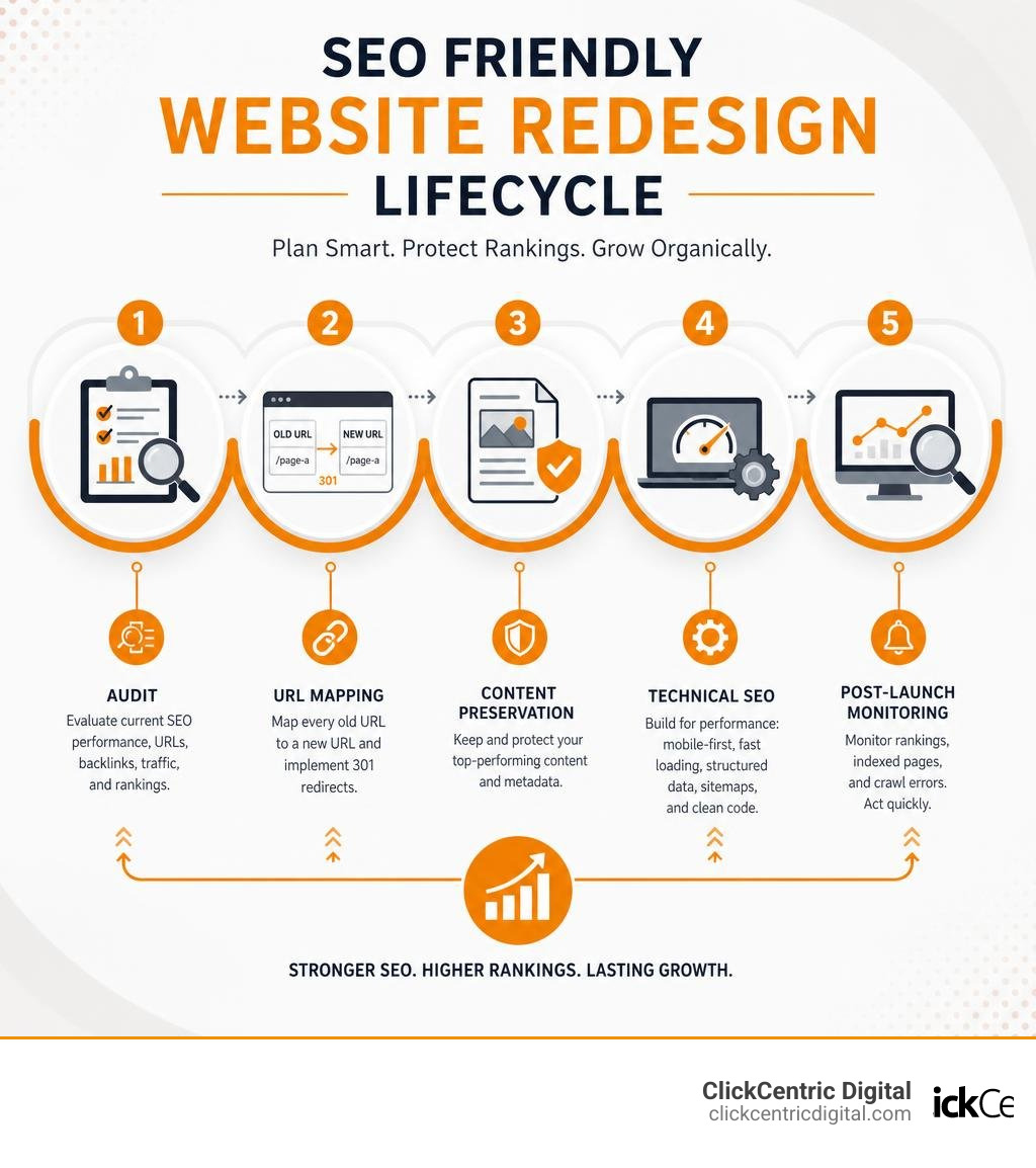 SEO friendly website redesign lifecycle infographic showing audit, URL mapping, content preservation, technical SEO, and