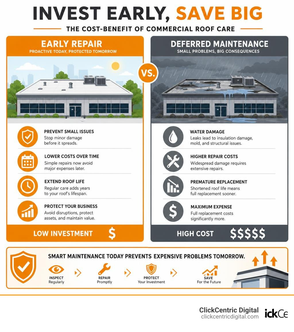 Cost-benefit infographic: early commercial roof repair vs. deferred maintenance and full replacement costs infographic