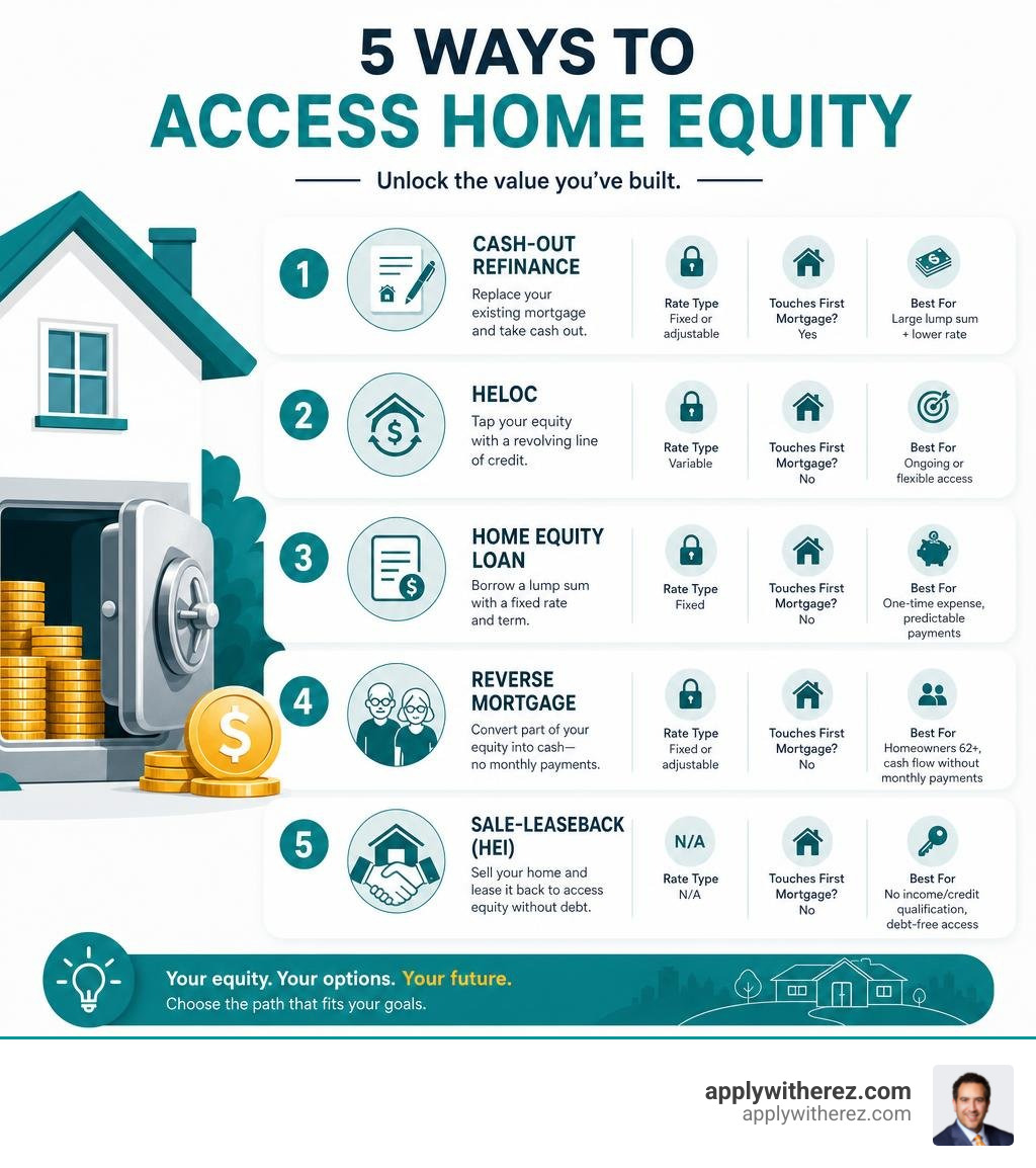 Infographic showing 5 ways to access home equity with key features: cash-out refi, HELOC, home equity loan, reverse