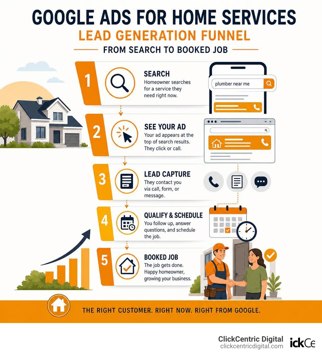 Google Ads for home services lead generation funnel from search to booked job infographic