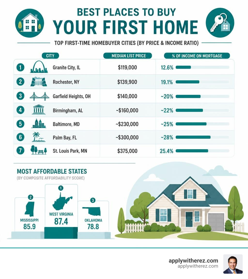 Infographic comparing top first-time homebuyer cities by price, income ratio, and state affordability scores infographic