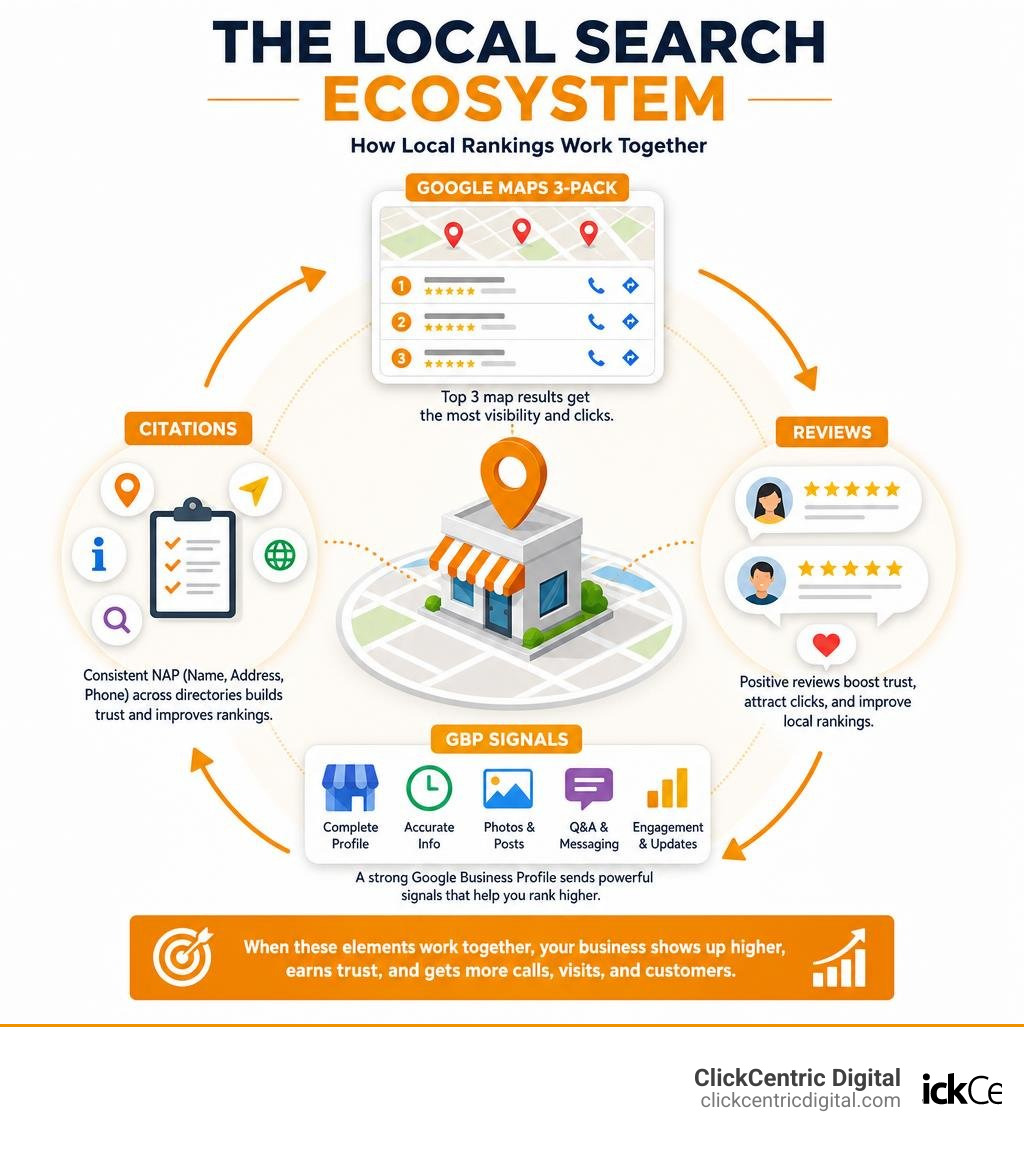 infographic showing the local search ecosystem including Google Maps 3-Pack, citations, reviews, and GBP signals infographic