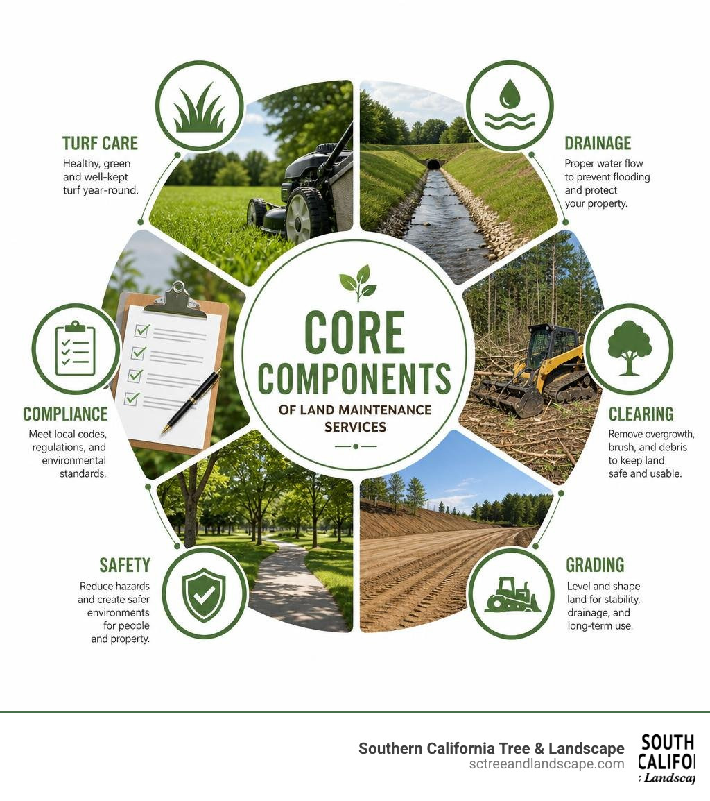 Core components of land maintenance services: turf care, drainage, clearing, grading, safety, and compliance infographic Core components of land maintenance services: turf care, drainage, clearing, grading, safety, and compliance infographic