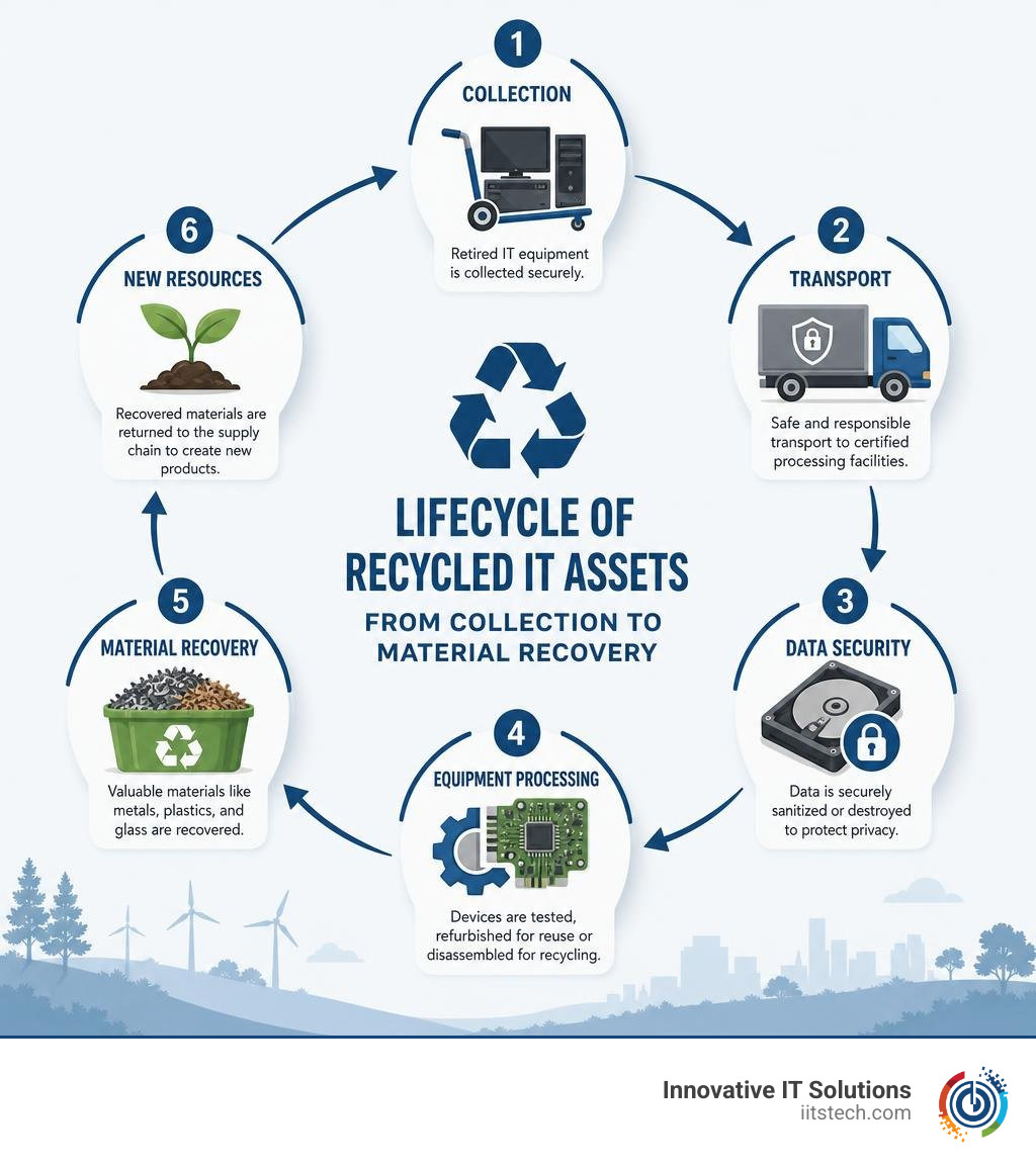 Lifecycle of recycled IT assets from collection to material recovery infographic