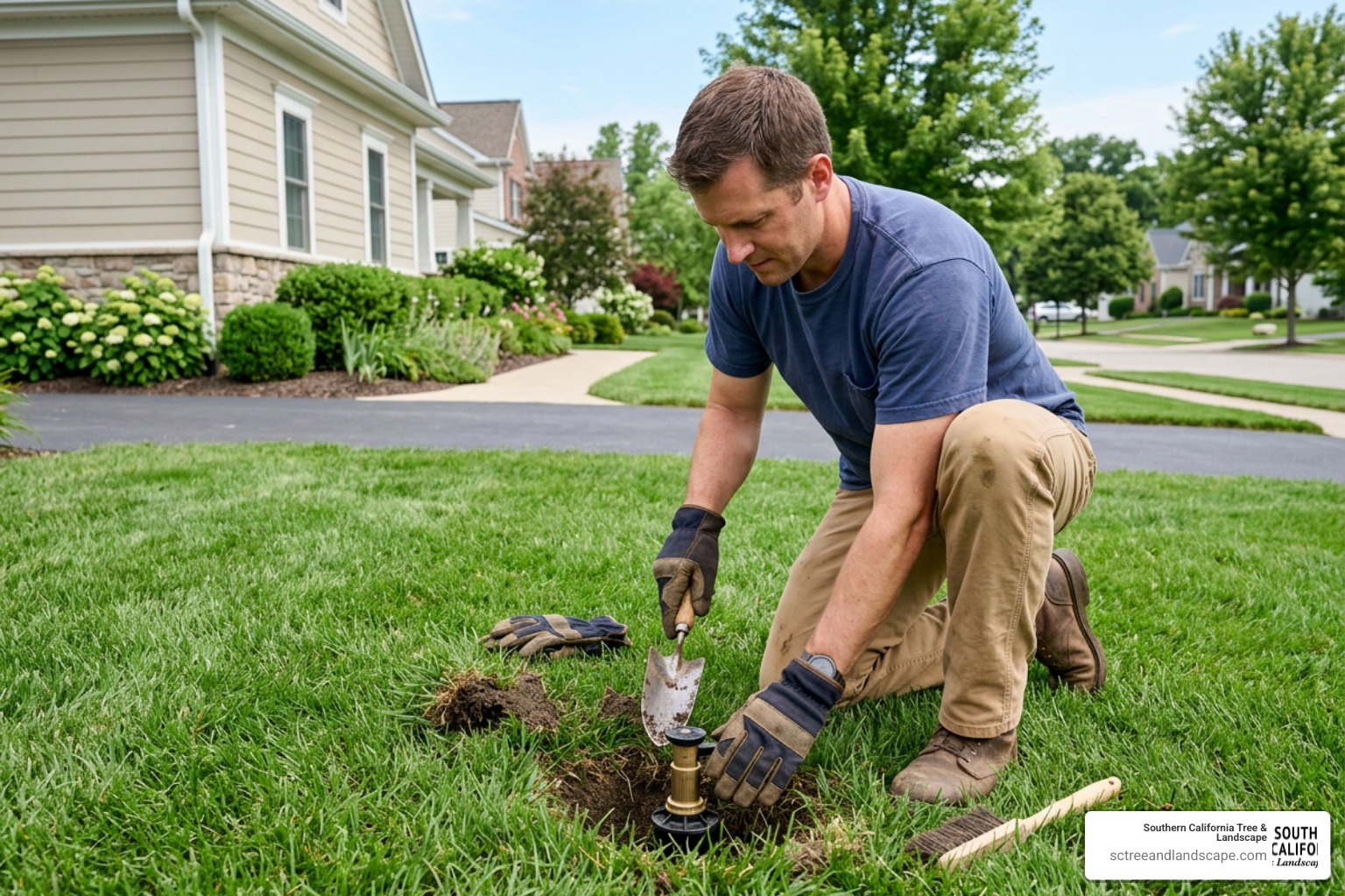 homeowner digging around a sprinkler head
