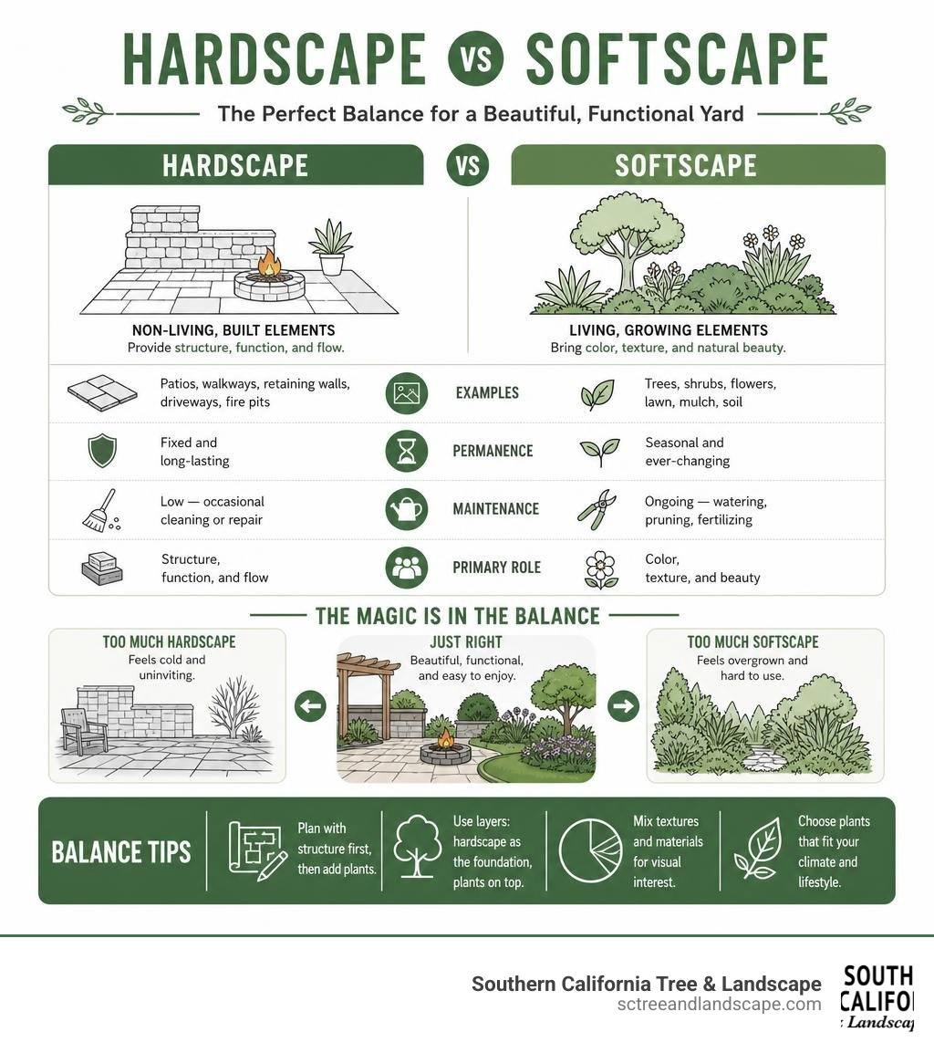 hardscape vs softscape comparison infographic with examples, maintenance, and balance tips infographic hardscape vs softscape comparison infographic with examples, maintenance, and balance tips infographic