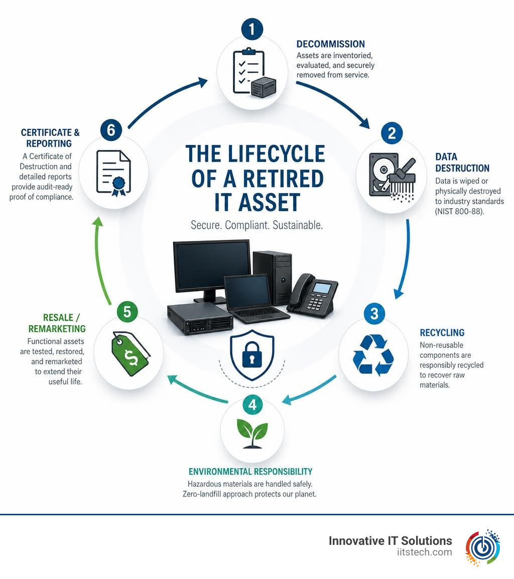 Lifecycle of a retired IT asset from decommission to data destruction recycling and resale infographic
