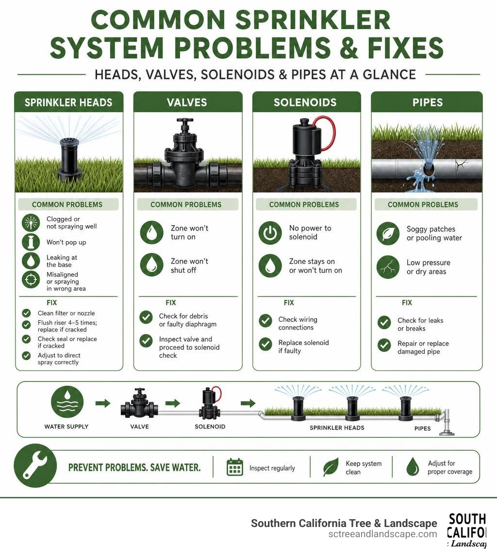 Common sprinkler system problems and fixes: heads, valves, solenoids, and pipes at a glance infographic