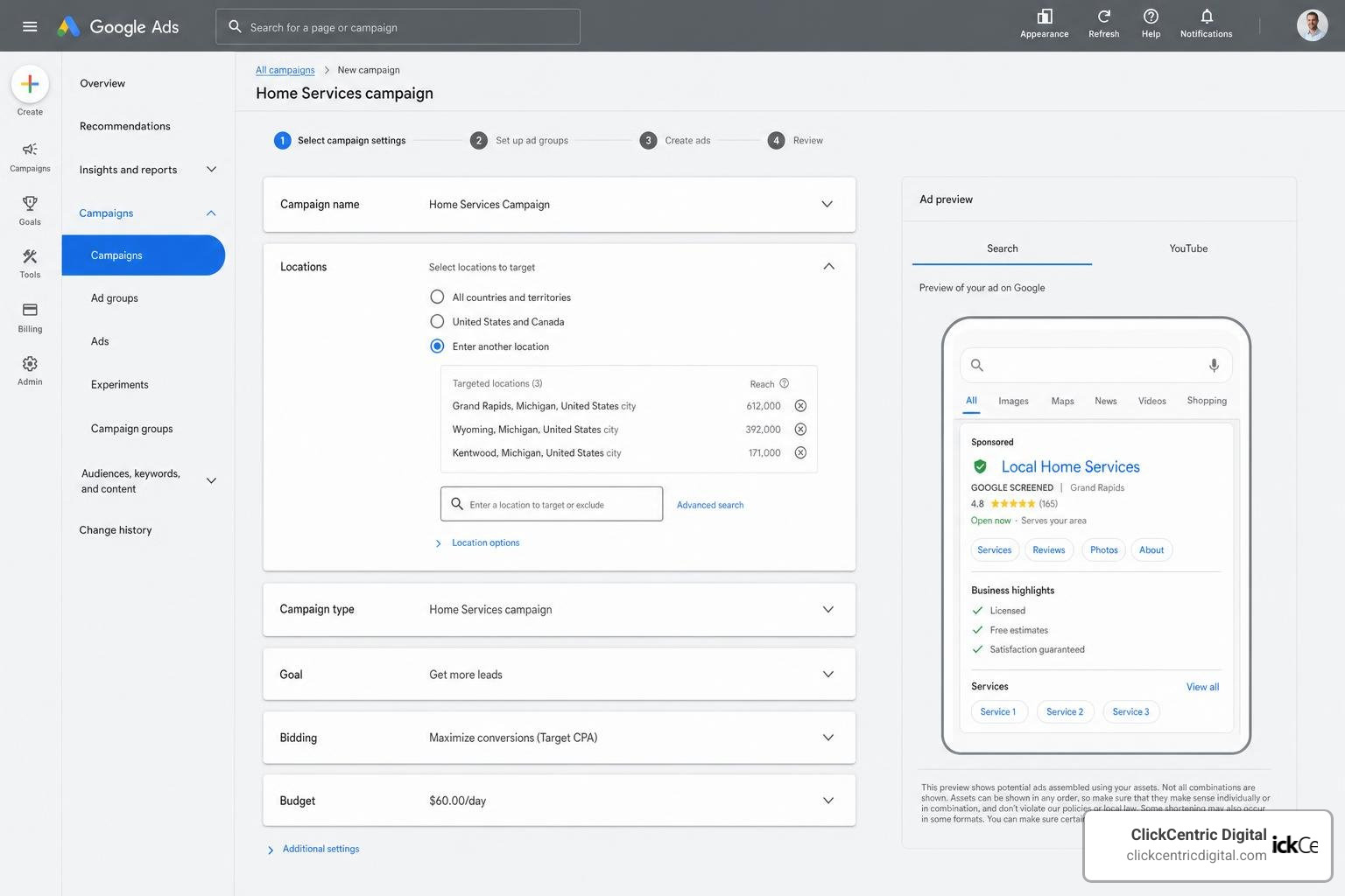 Google Ads dashboard setup for home services campaign