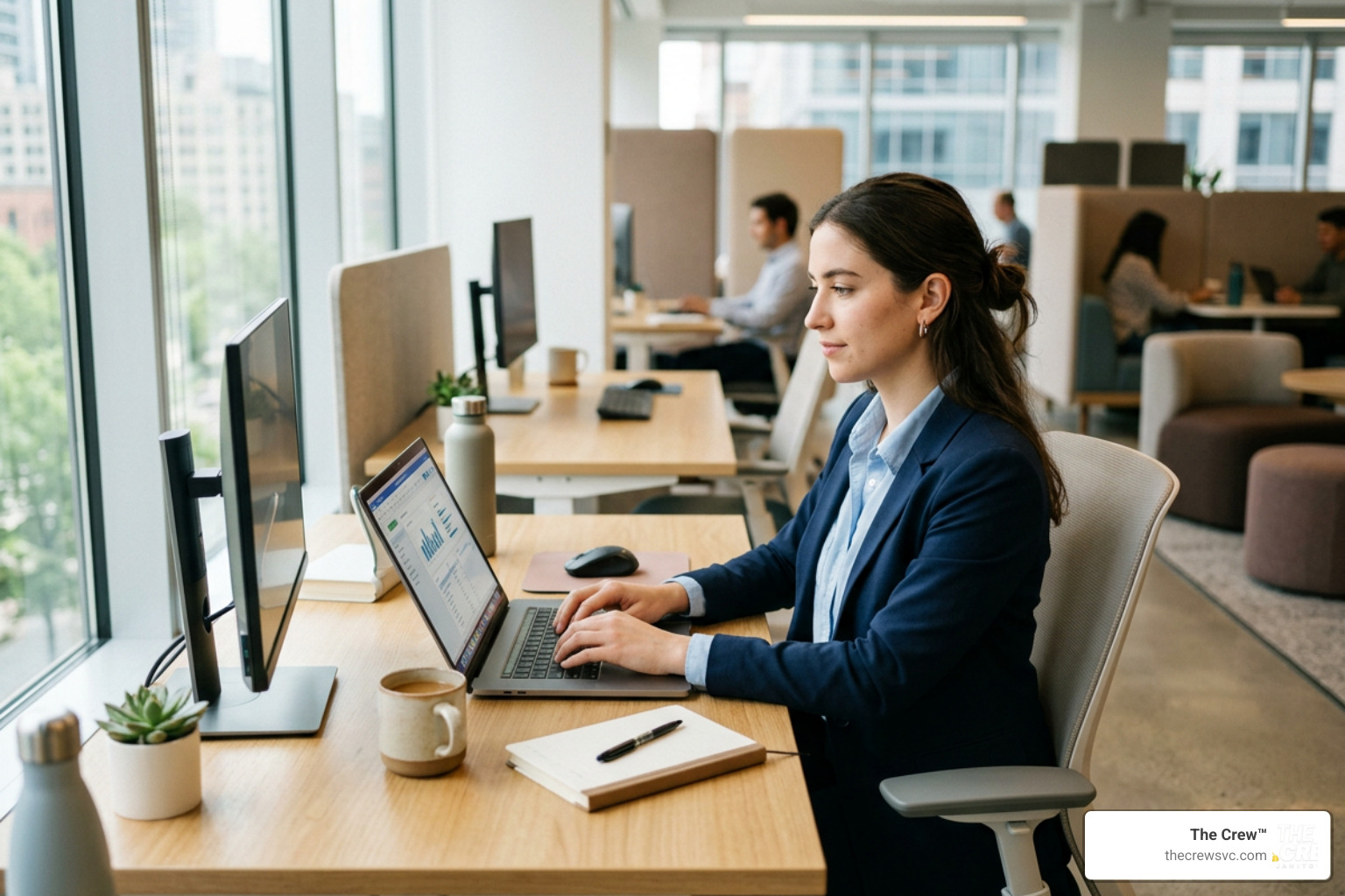employee working in a clean and healthy hybrid office environment employee working in a clean and healthy hybrid office environment