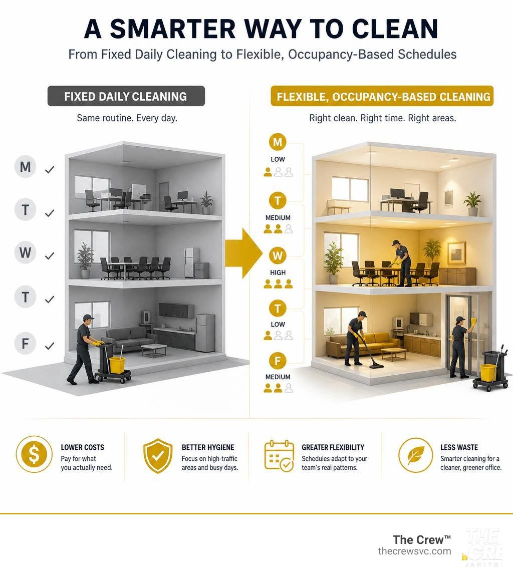 infographic showing shift from fixed daily cleaning to flexible occupancy-based office cleaning schedules infographic infographic showing shift from fixed daily cleaning to flexible occupancy-based office cleaning schedules infographic