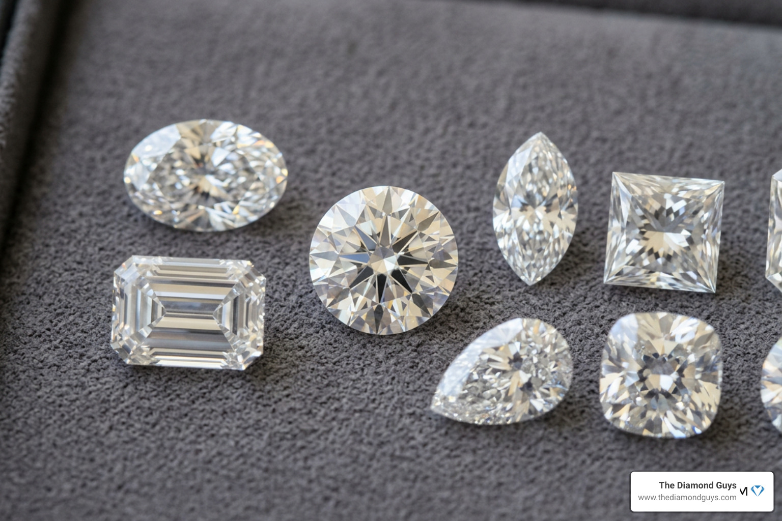 Various diamond shapes including round, oval, and emerald cuts Various diamond shapes including round, oval, and emerald cuts