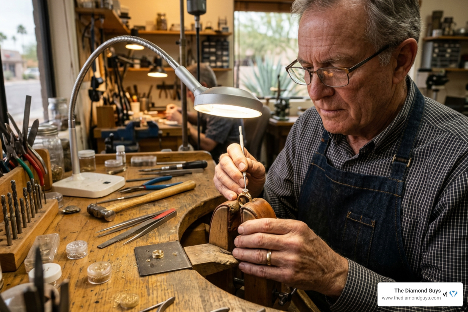 A master jeweler setting a diamond in a Scottsdale workshop A master jeweler setting a diamond in a Scottsdale workshop