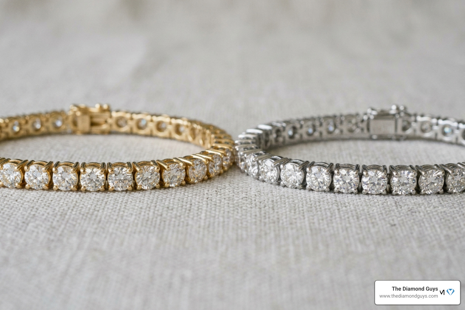 Comparison of yellow gold and white gold diamond tennis bracelets showing different metal reflections Comparison of yellow gold and white gold diamond tennis bracelets showing different metal reflections