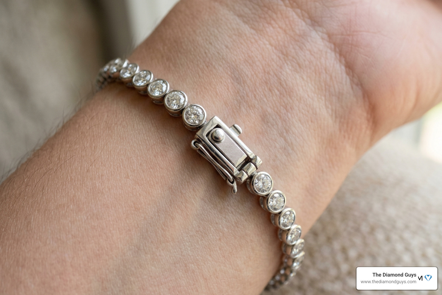 Close-up of a secure box clasp with a hidden safety latch on a diamond tennis bracelet Close-up of a secure box clasp with a hidden safety latch on a diamond tennis bracelet