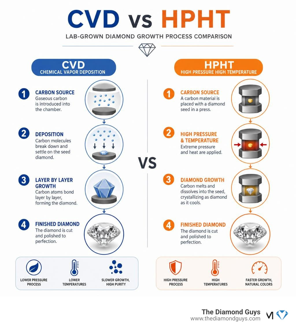 CVD vs HPHT lab-grown diamond growth process comparison infographic infographic CVD vs HPHT lab-grown diamond growth process comparison infographic infographic