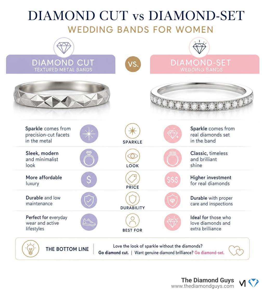 Infographic comparing diamond cut metal texture bands vs diamond-set wedding bands for women infographic Infographic comparing diamond cut metal texture bands vs diamond-set wedding bands for women infographic