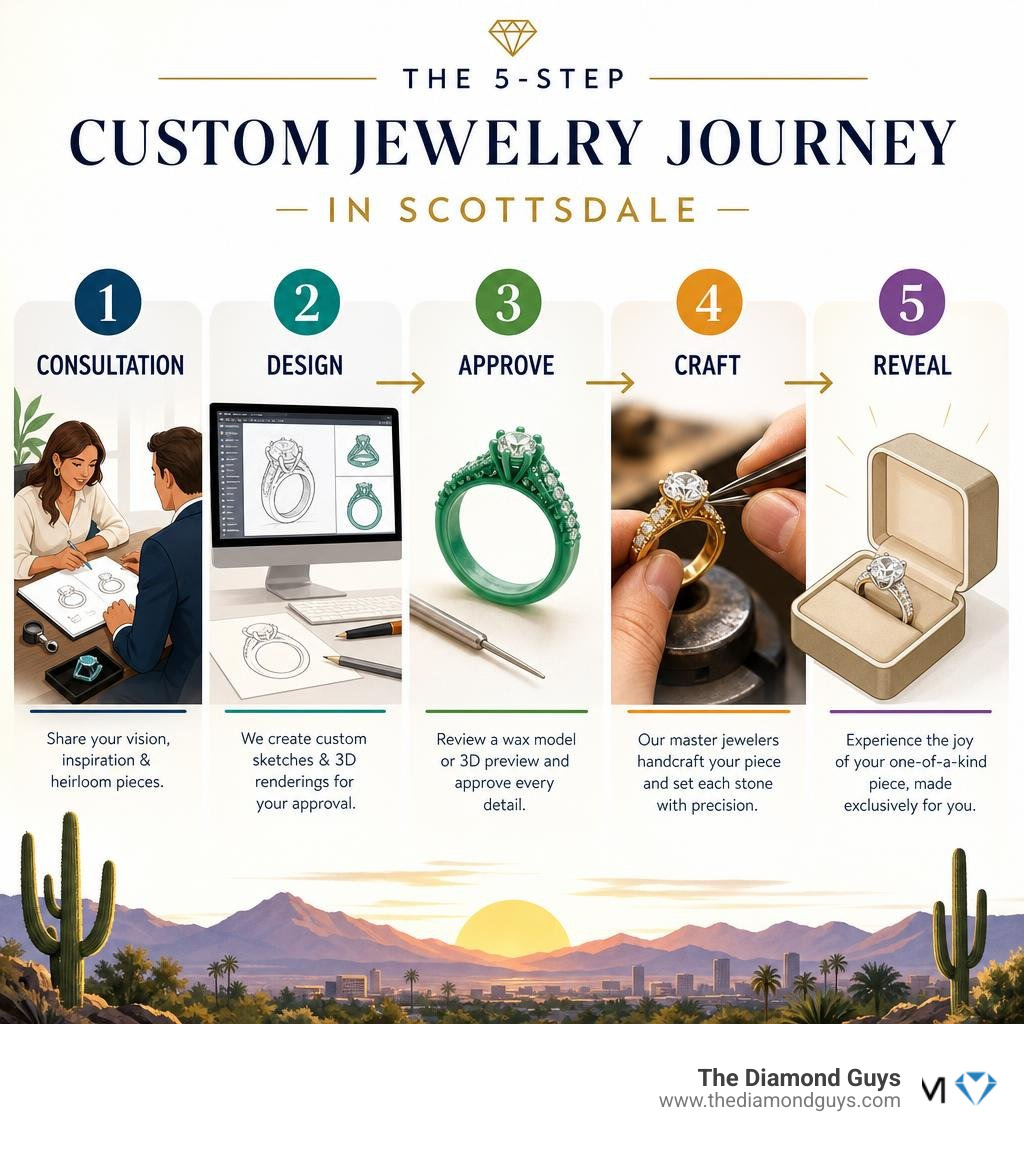 Infographic showing the 5-step custom jewelry design journey in Scottsdale from consultation to reveal infographic Infographic showing the 5-step custom jewelry design journey in Scottsdale from consultation to reveal infographic