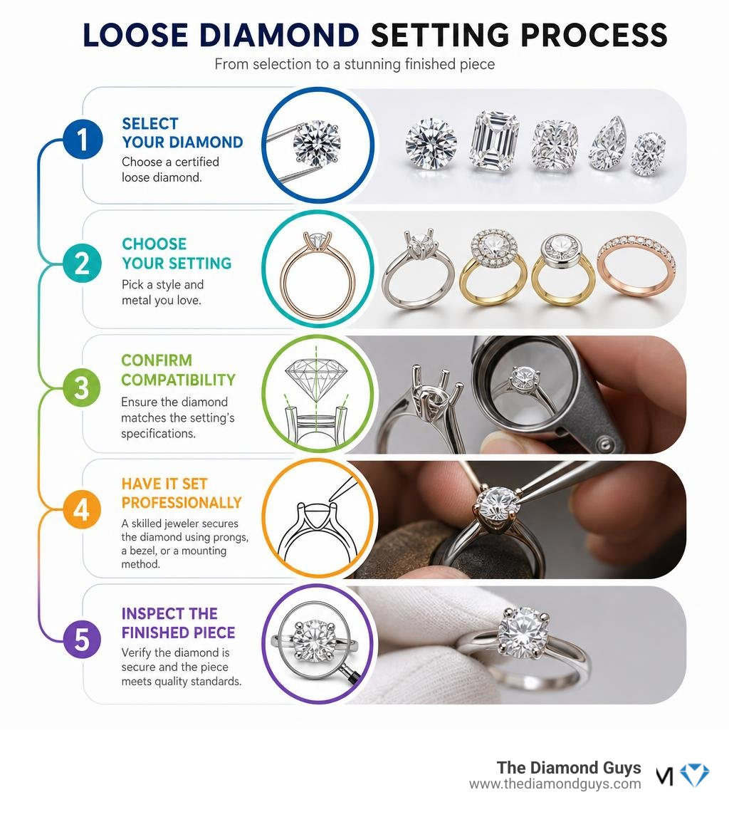 Step-by-step infographic of the loose diamond setting process from diamond selection to final inspection infographic Step-by-step infographic of the loose diamond setting process from diamond selection to final inspection infographic