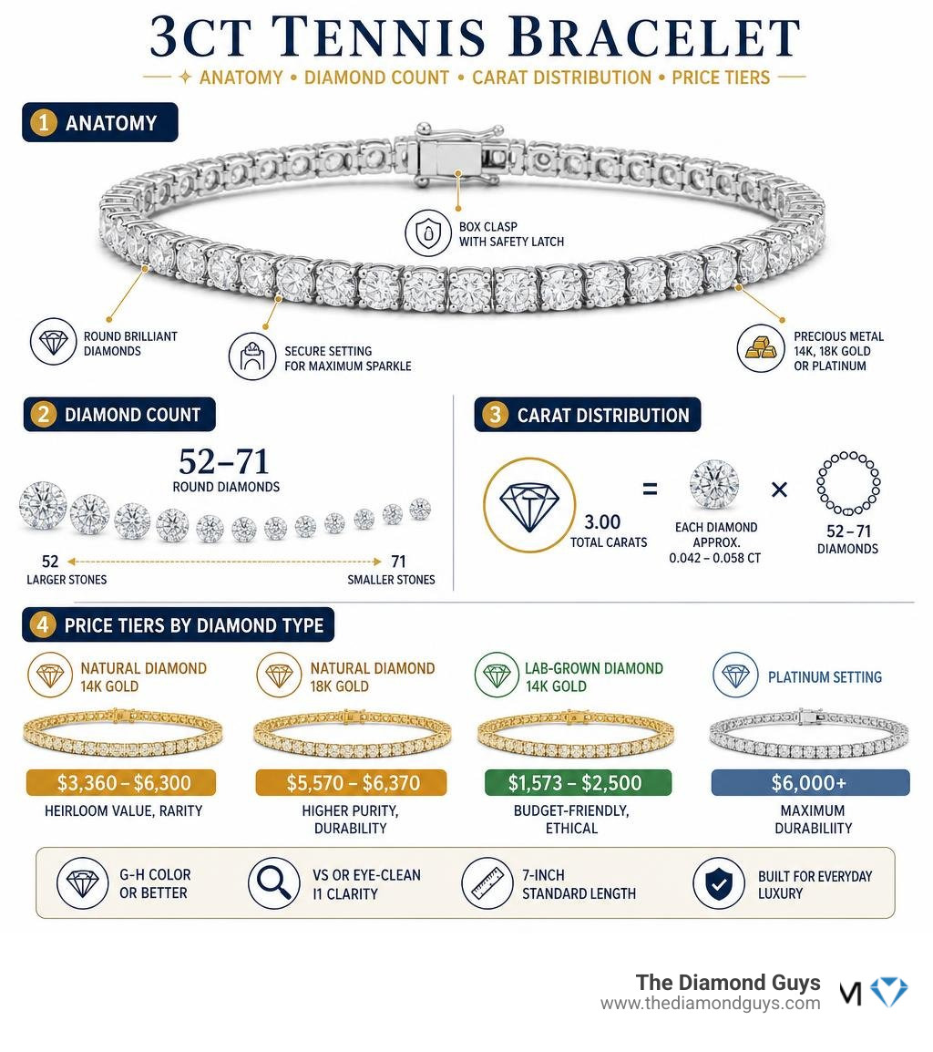 Infographic showing 3ct tennis bracelet anatomy, diamond count, carat distribution, and price tiers by diamond type Infographic showing 3ct tennis bracelet anatomy, diamond count, carat distribution, and price tiers by diamond type