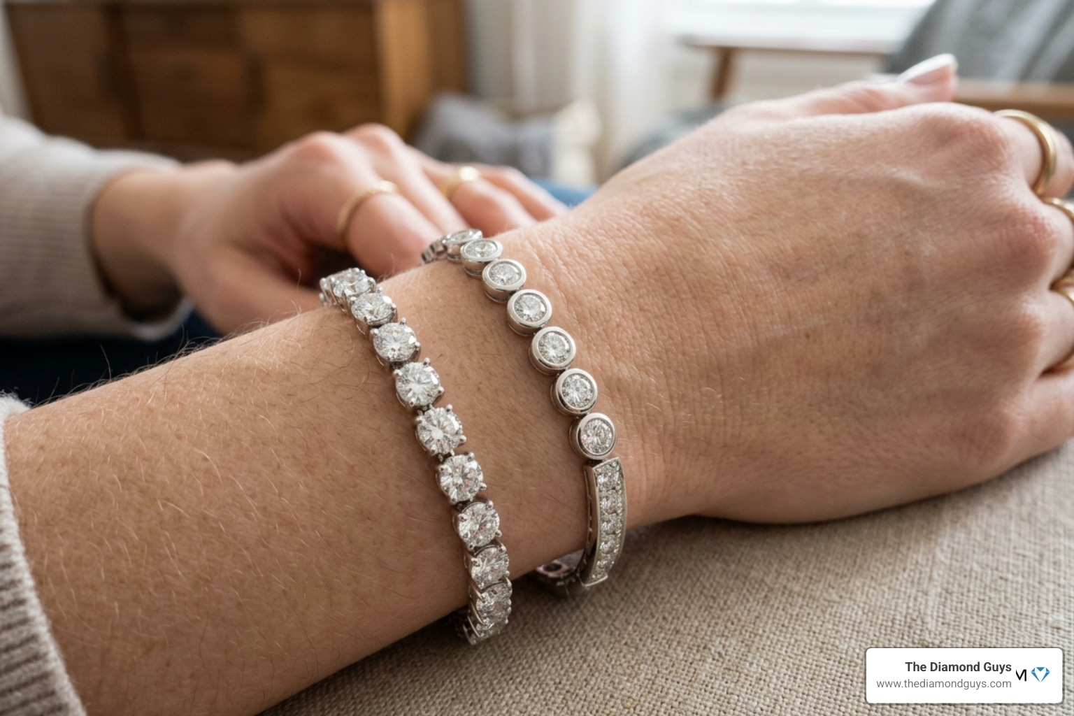 A close-up of different diamond settings on a white gold bracelet