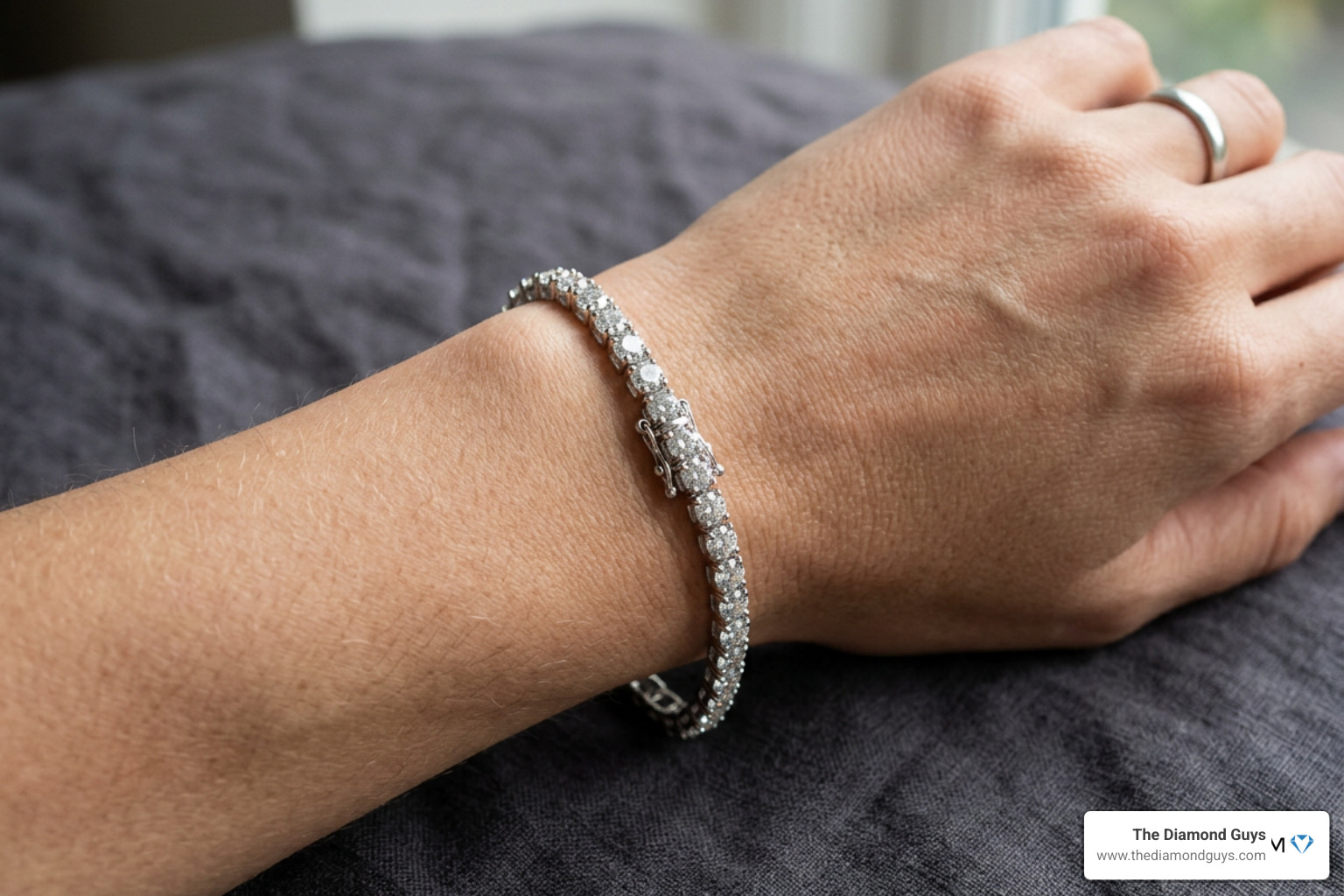 18ct white gold tennis bracelet on a wrist with sparkling diamonds