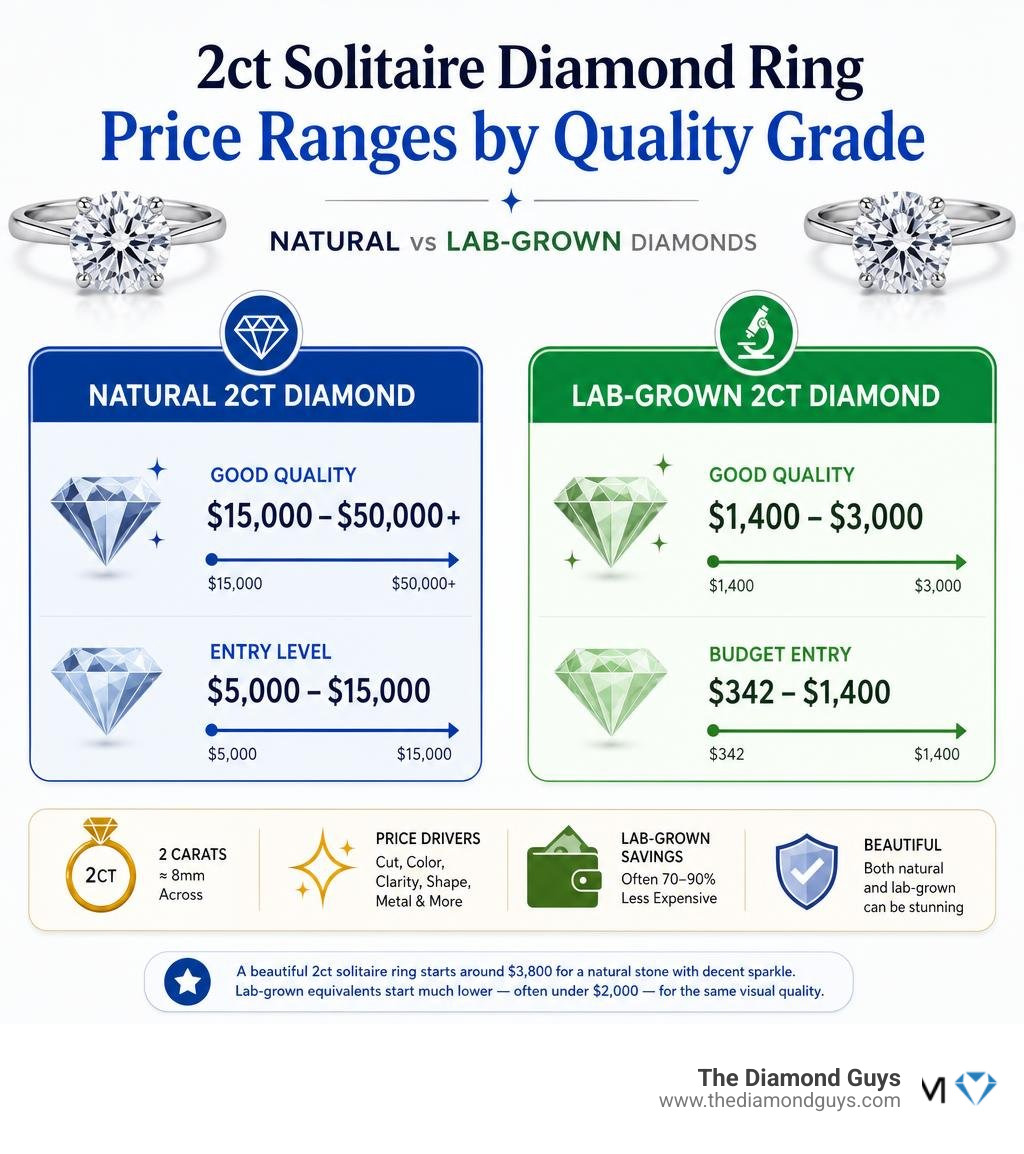 Infographic showing 2ct solitaire diamond ring price ranges for natural vs lab-grown diamonds by quality grade infographic