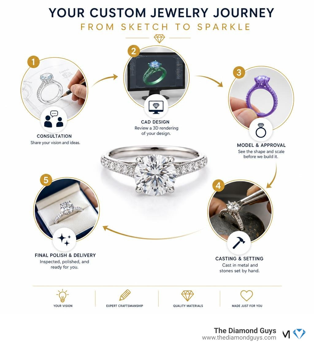 Custom jewelry journey from initial consultation sketch to final polished ring infographic Custom jewelry journey from initial consultation sketch to final polished ring infographic