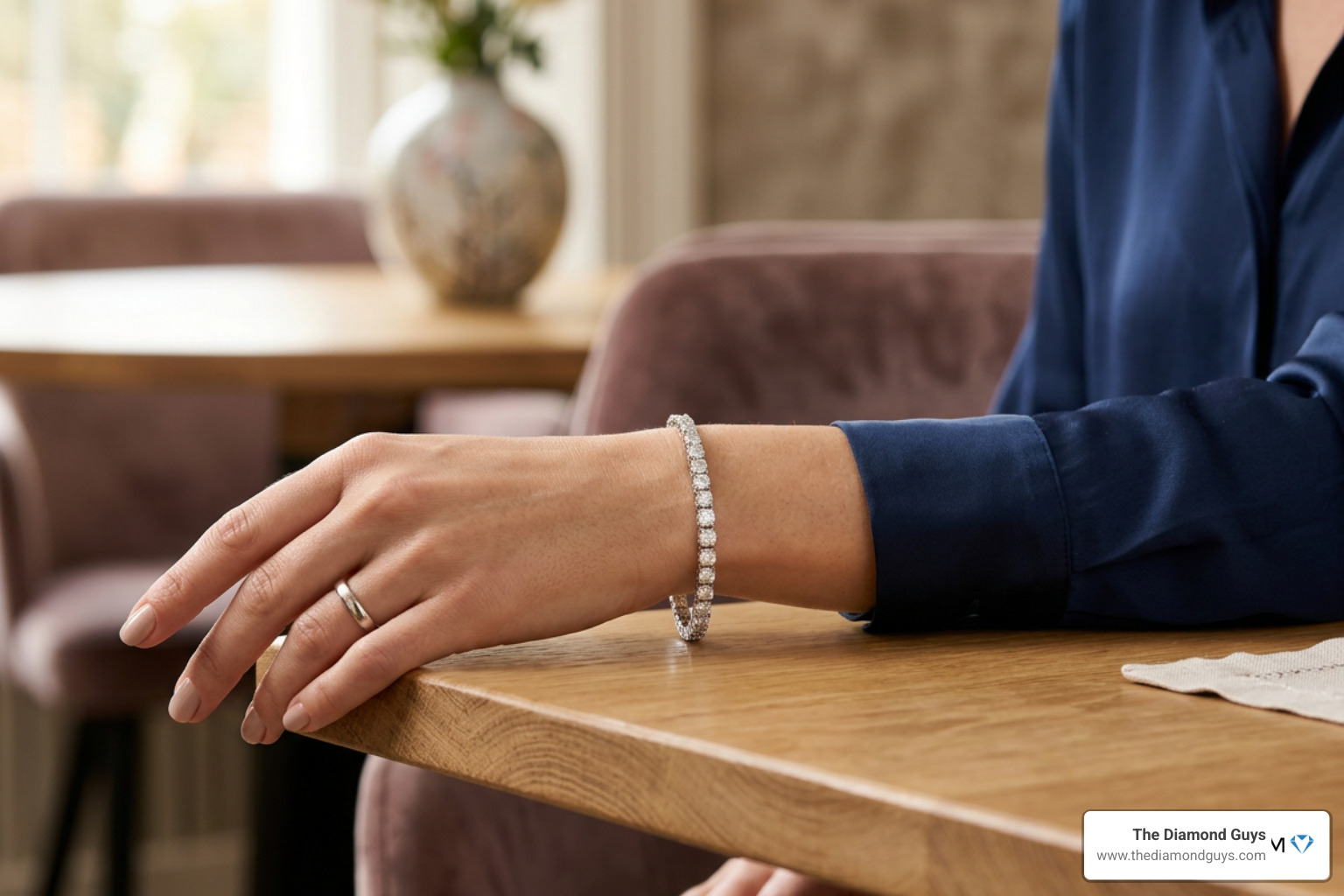 A styled wrist showing a white gold tennis bracelet stacked with a luxury watch and gold bangles