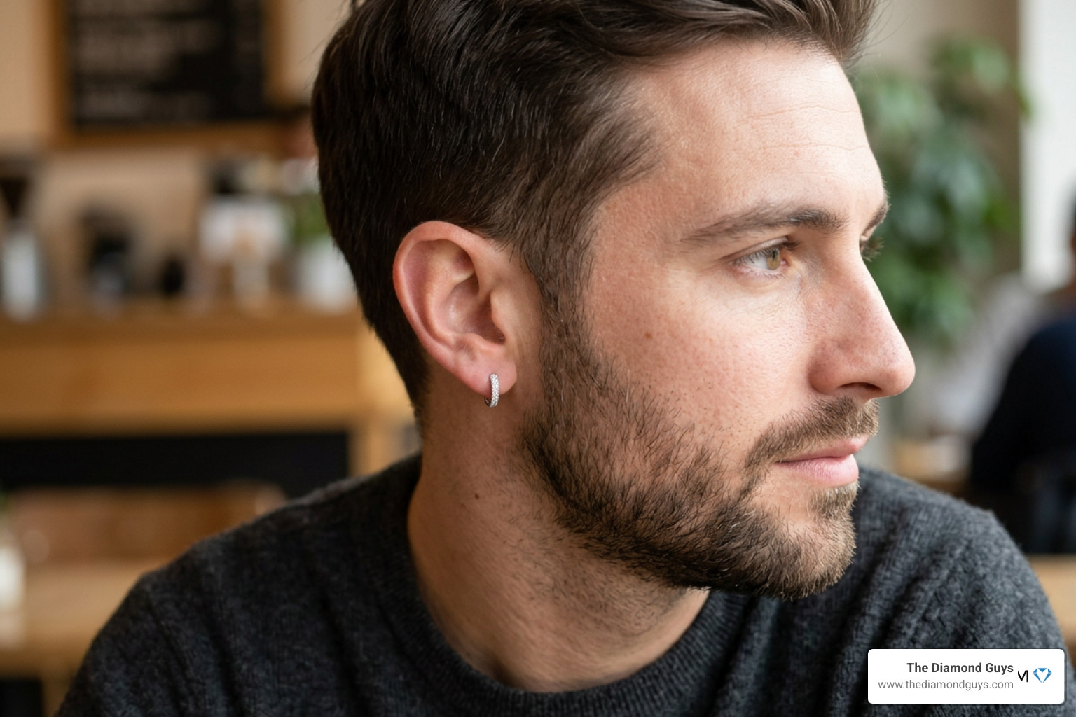 subtle diamond hoop earring on a man's ear subtle diamond hoop earring on a man's ear