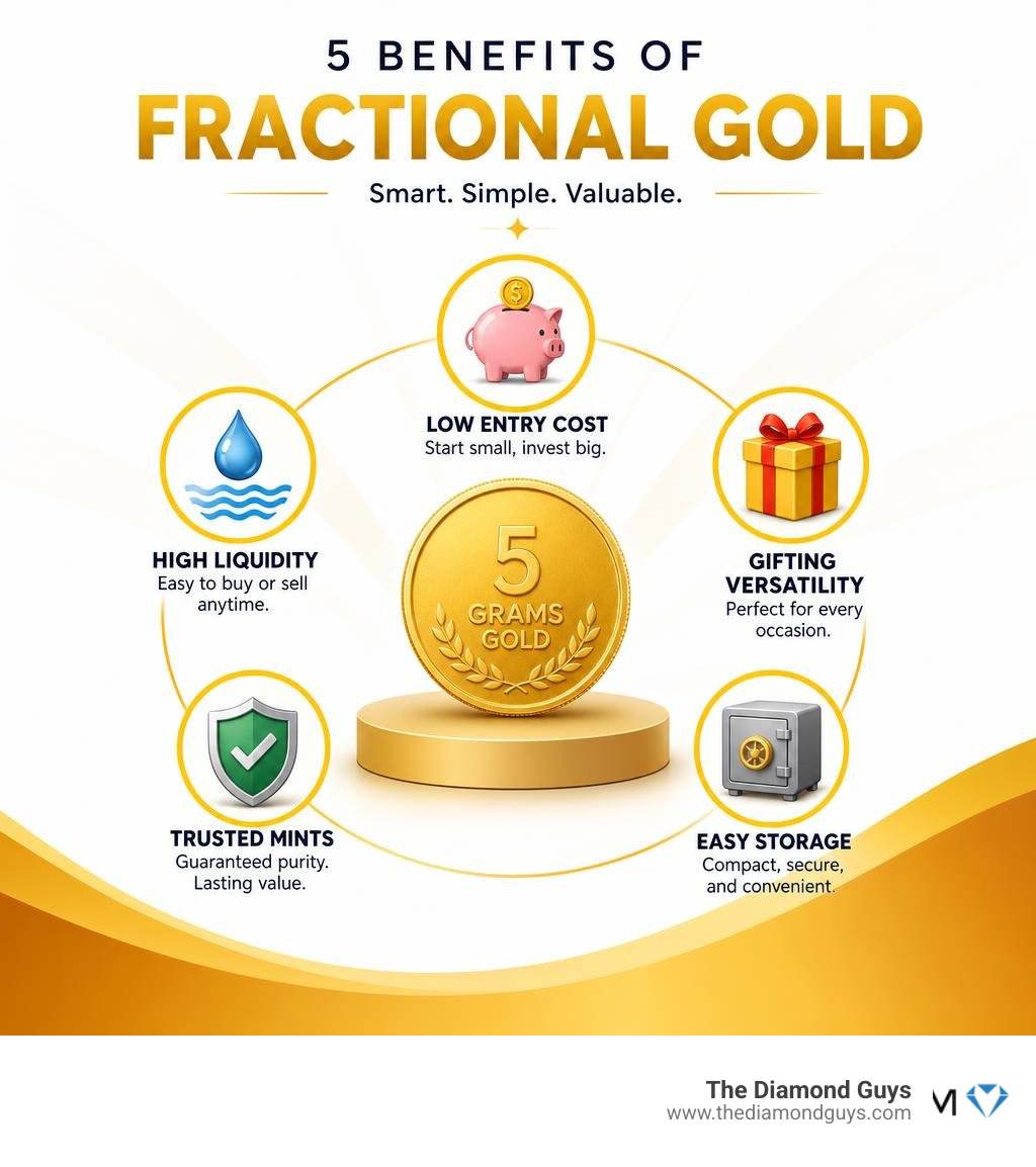 Infographic showing benefits of fractional gold: low entry cost, high liquidity, gifting versatility, trusted mints, easy Infographic showing benefits of fractional gold: low entry cost, high liquidity, gifting versatility, trusted mints, easy