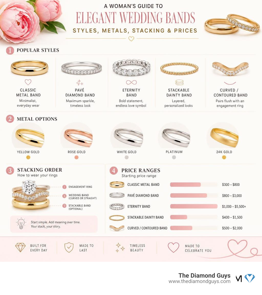 Infographic showing wedding band styles, metal options, stacking order, and price ranges for women infographic Infographic showing wedding band styles, metal options, stacking order, and price ranges for women infographic