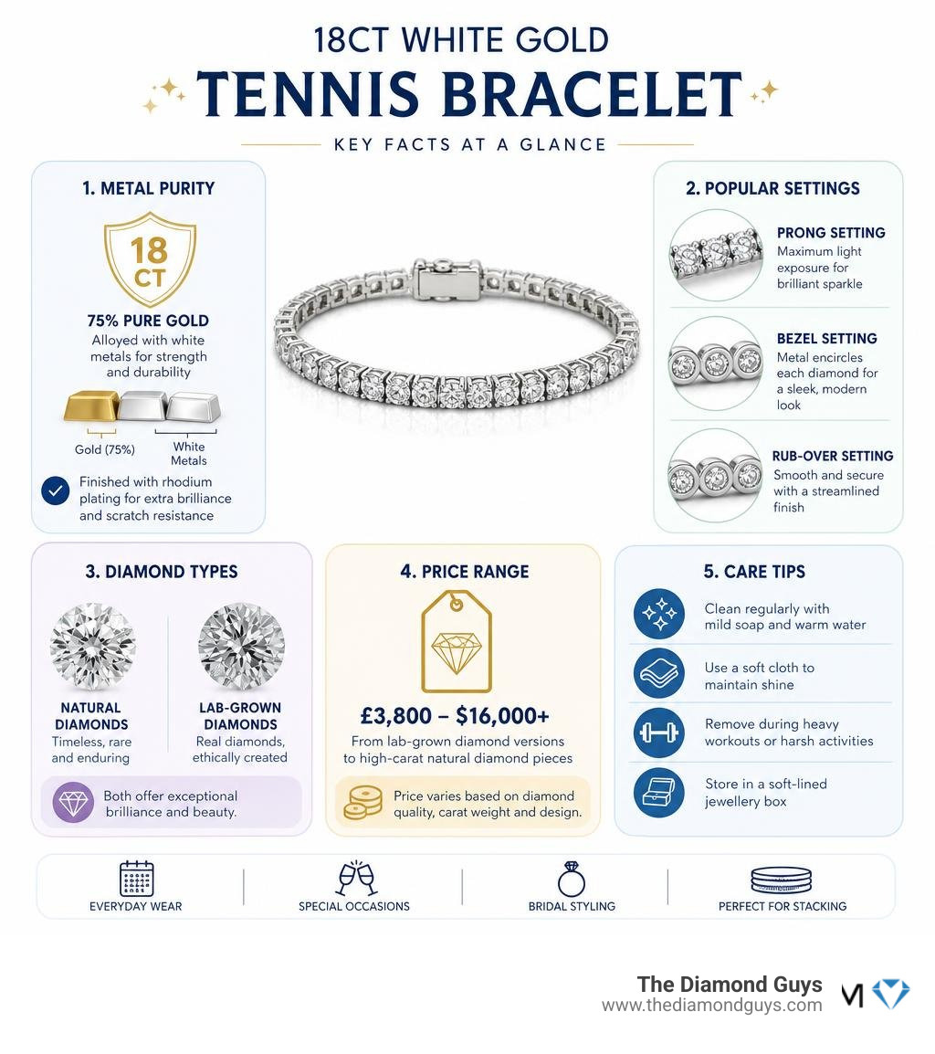 Infographic showing key facts about 18ct white gold tennis bracelets: metal purity, settings, diamond types, price range