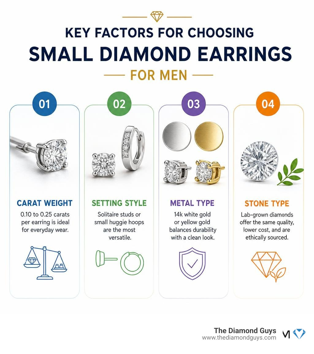 Infographic showing key factors for choosing small diamond earrings for men: carat weight, setting style, metal type, and Infographic showing key factors for choosing small diamond earrings for men: carat weight, setting style, metal type, and