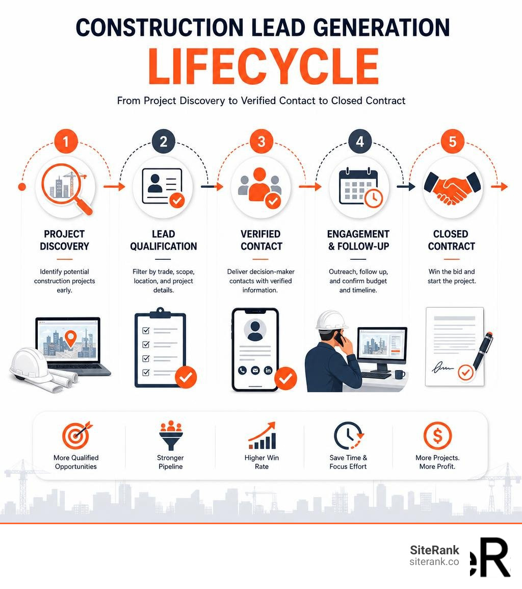 Construction lead generation lifecycle: from project discovery to verified contact to closed contract infographic Construction lead generation lifecycle: from project discovery to verified contact to closed contract infographic
