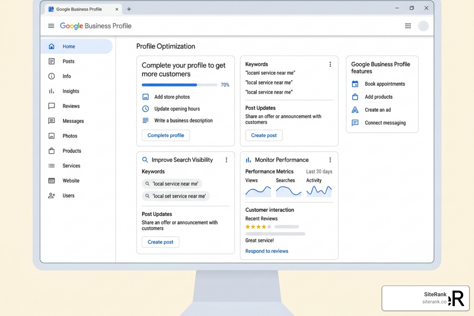 Google Business Profile dashboard showing optimization features Google Business Profile dashboard showing optimization features