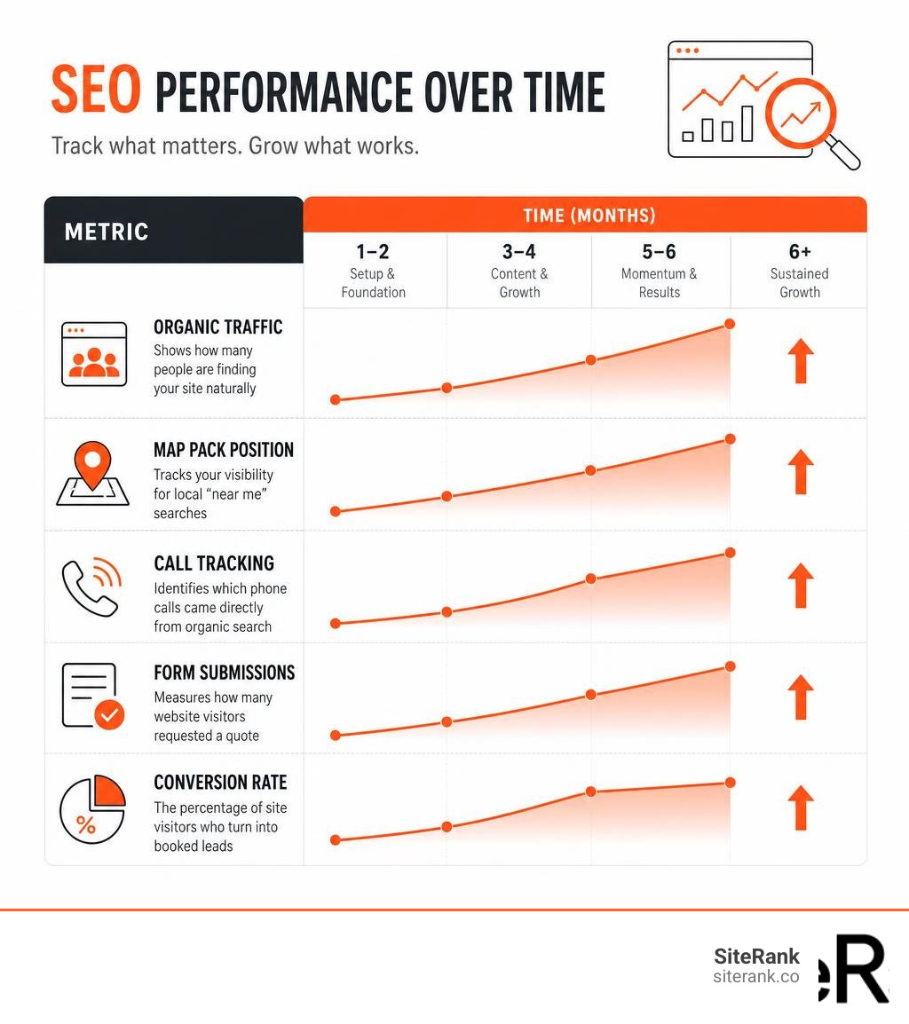 Table tracking key SEO performance metrics over time infographic Table tracking key SEO performance metrics over time infographic