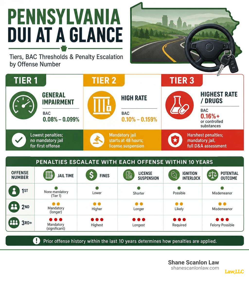 Infographic showing Pennsylvania DUI tiers, BAC thresholds, and penalty escalation by offense number infographic Infographic showing Pennsylvania DUI tiers, BAC thresholds, and penalty escalation by offense number infographic