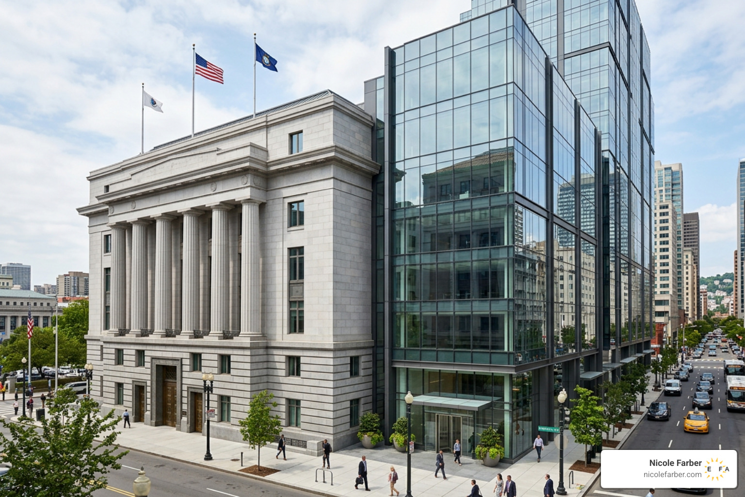 A modern government building and a sleek corporate office side-by-side A modern government building and a sleek corporate office side-by-side