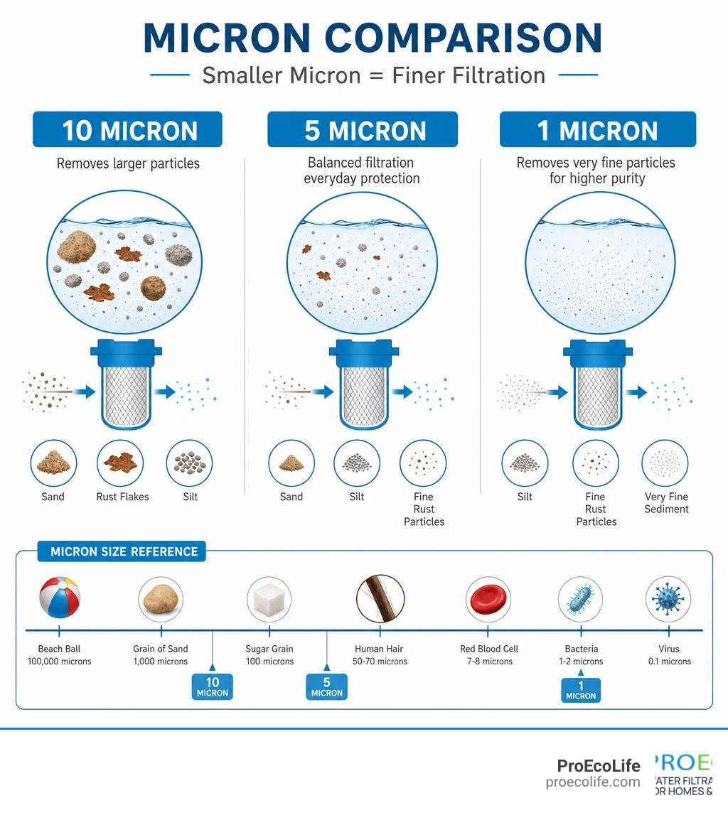 Infographic comparing micron sizes: 5 micron vs 1 micron vs 10 micron filter particle removal infographic